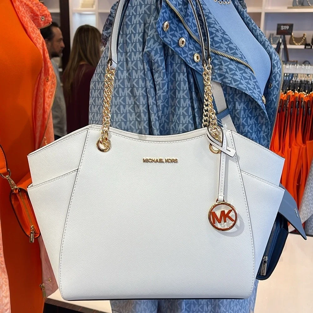 Michael Kors Jet Set Travel Lg Saffiano Leather Chain Shoulder Tote Optic White